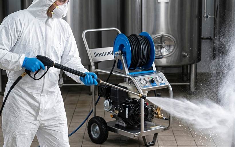 Pressure washing in a plant